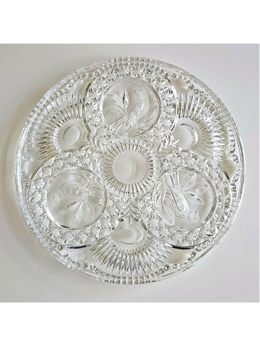 Vintage Hofbauer Byrdes 24% Lead Crystal 12" Cake Plate Platter Bird Medallions